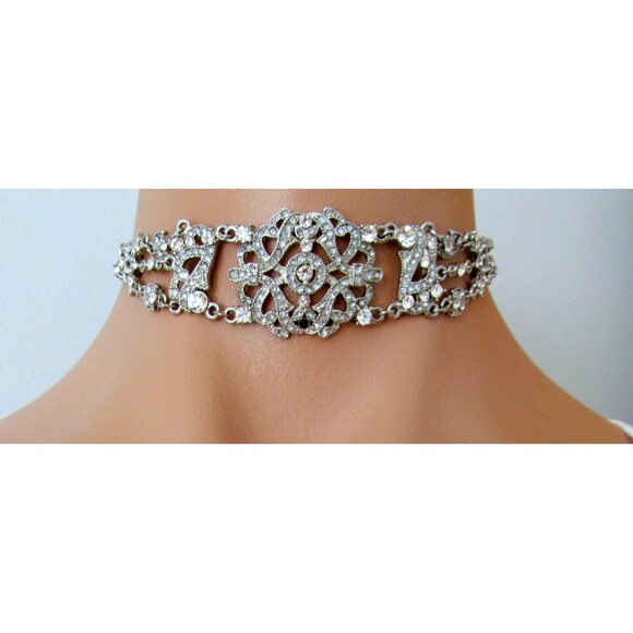 VOLM Jewelry - VTG Rhinestone Prong Set Choker Necklace Clear Adjustable VOLM